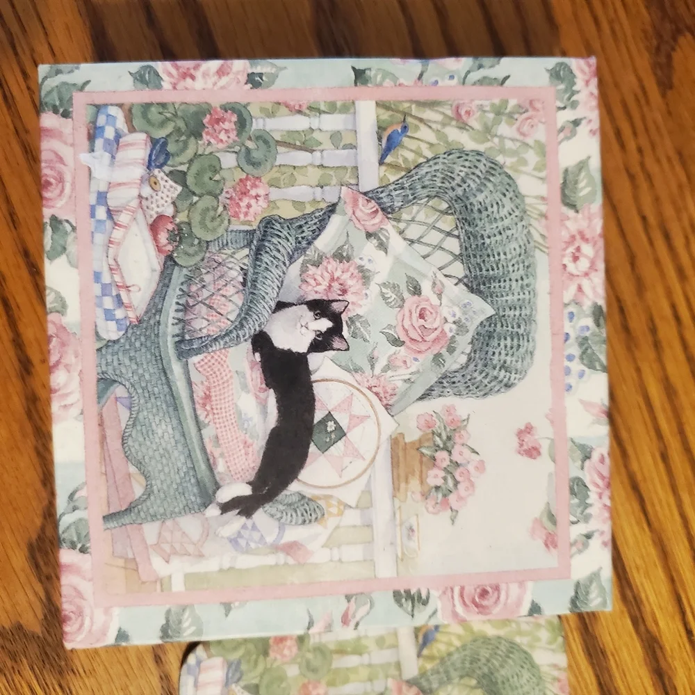 Vintage Tabby Cat Coasters Cork Back Square Set of 6 In Decorative Box - Picture 2 of 6